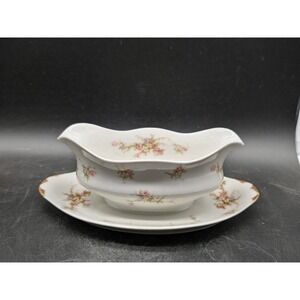 Theodore Haviland Limoges France Gravy Boat Attached Tray Pink Floral Gold Trim